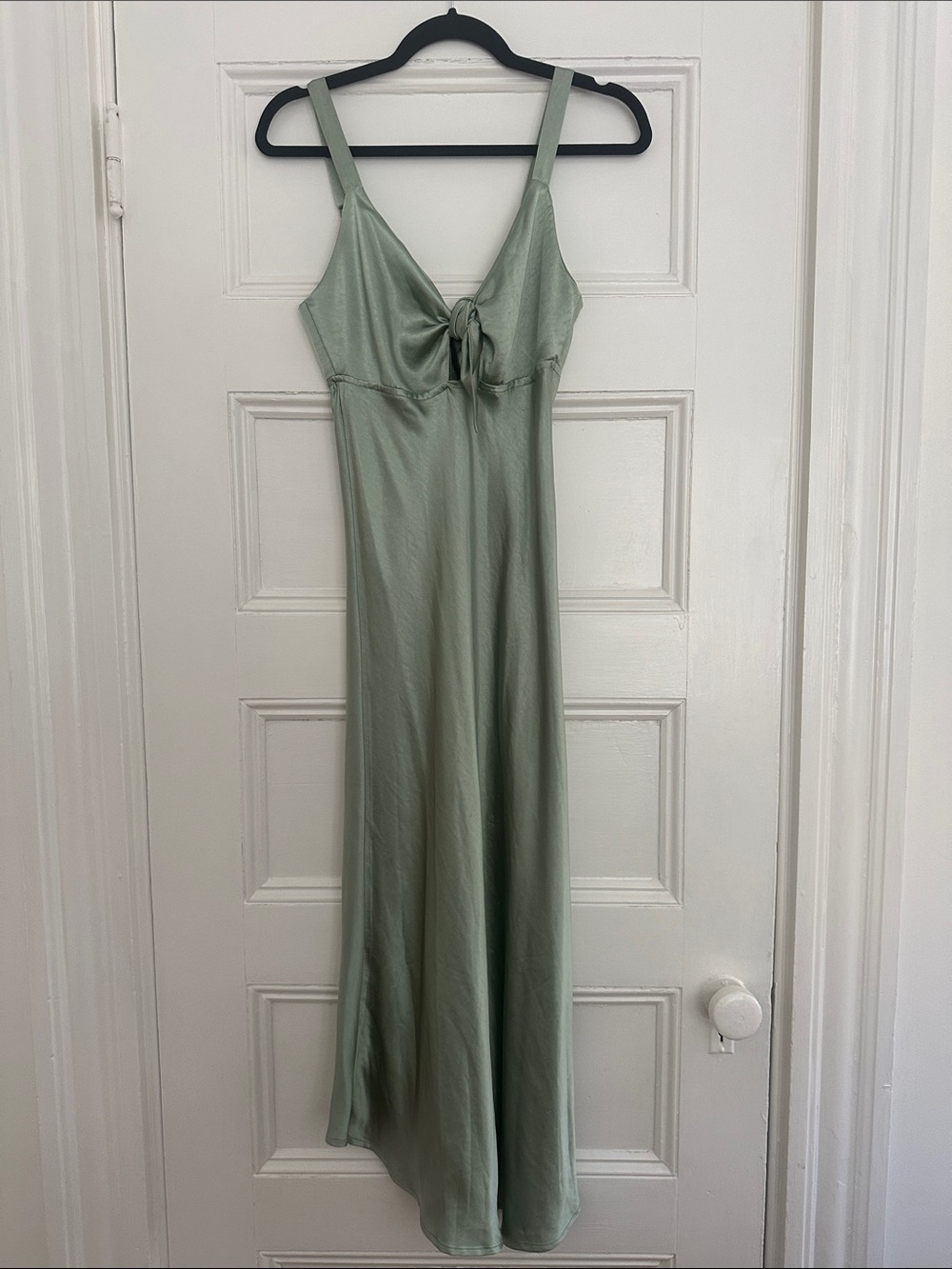 Satin Tie-Front Midi Dress in Sage Green